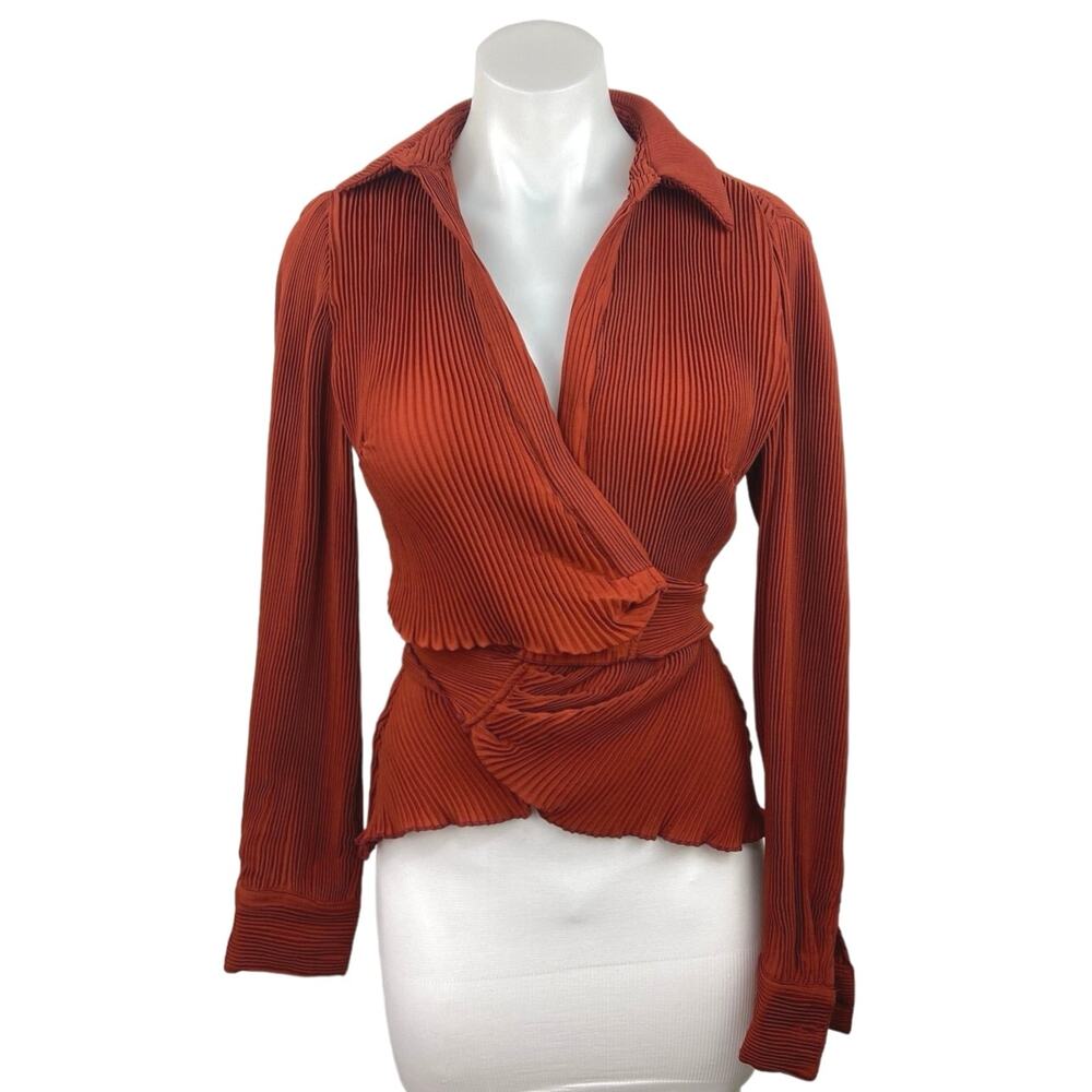 NEW PrettyLittleThing Brown V Neck Long Sleeve Plisse Wrap Blouse Shirt Top Sz 2